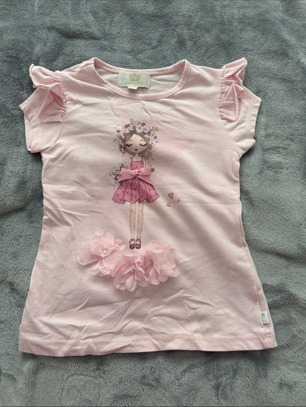 Caramel Light Pink Girl Graphic Tee with 3D Flowers